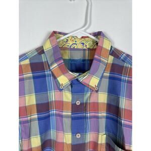 Alan Flusser Multicolor Plaid Long Sleeve Colorful Button Up Size XL 100% Cotton